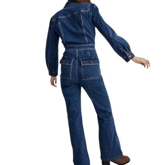 Madewell Denim Long Sleeve Jumpsuit SIZE 8 Indigo Coveralls Cropped CUTOFF HEM - Picture 2 of 15